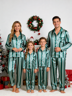 Emerald Green & White Vertical Striped Couple Satin Pajama Set Couple Sleepwear
