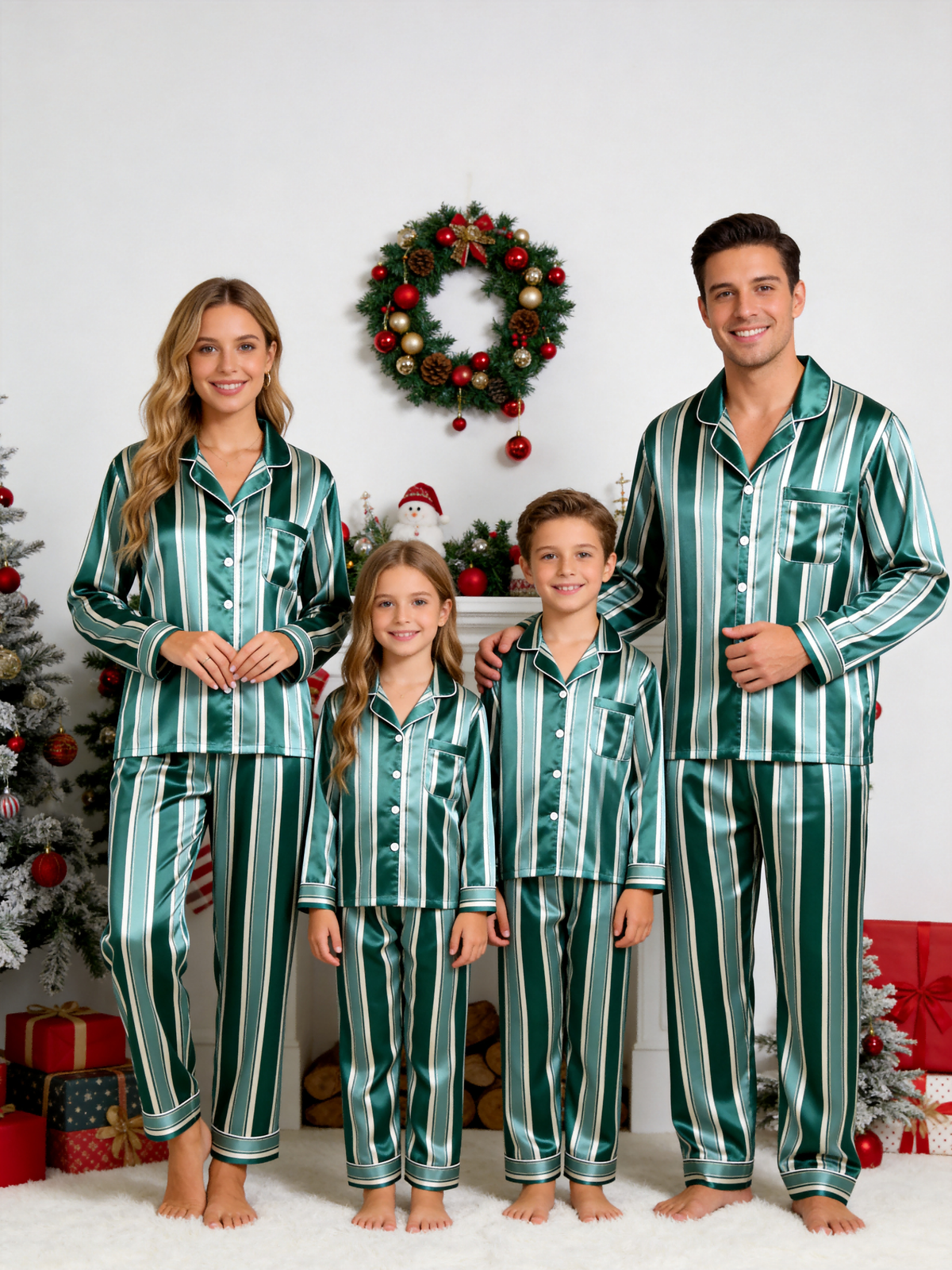 Emerald Green & White Vertical Striped Couple Satin Pajama Set Couple Sleepwear
