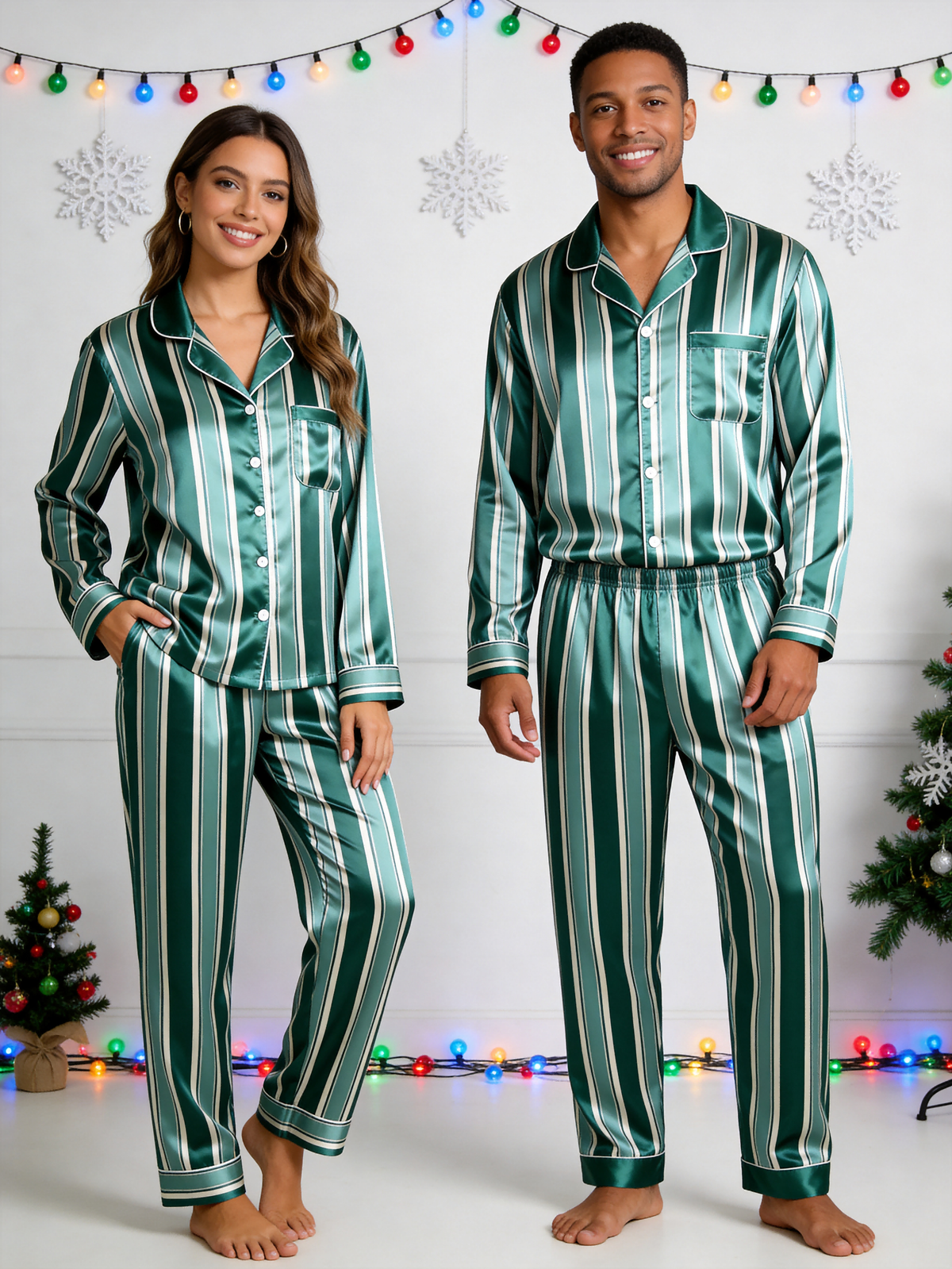 Emerald Green & White Vertical Striped Family Satin Pajama Set Family Sleepwear