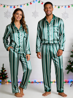 Emerald Green & White Vertical Striped Couple Satin Pajama Set Couple Sleepwear