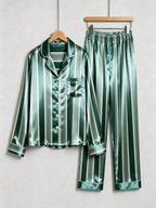 Emerald Green & White Vertical Striped Couple Satin Pajama Set Couple Sleepwear