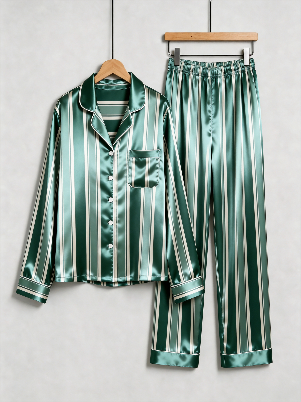 Emerald Green & White Vertical Striped Couple Satin Pajama Set Couple Sleepwear