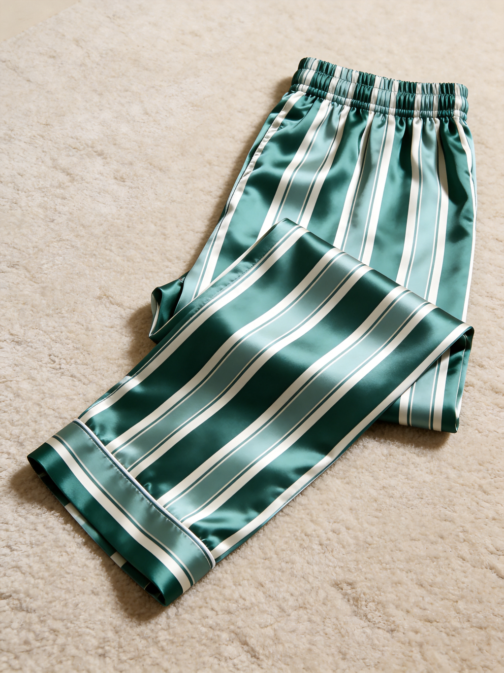 Emerald Green & White Vertical Striped Couple Satin Pajama Set Couple Sleepwear