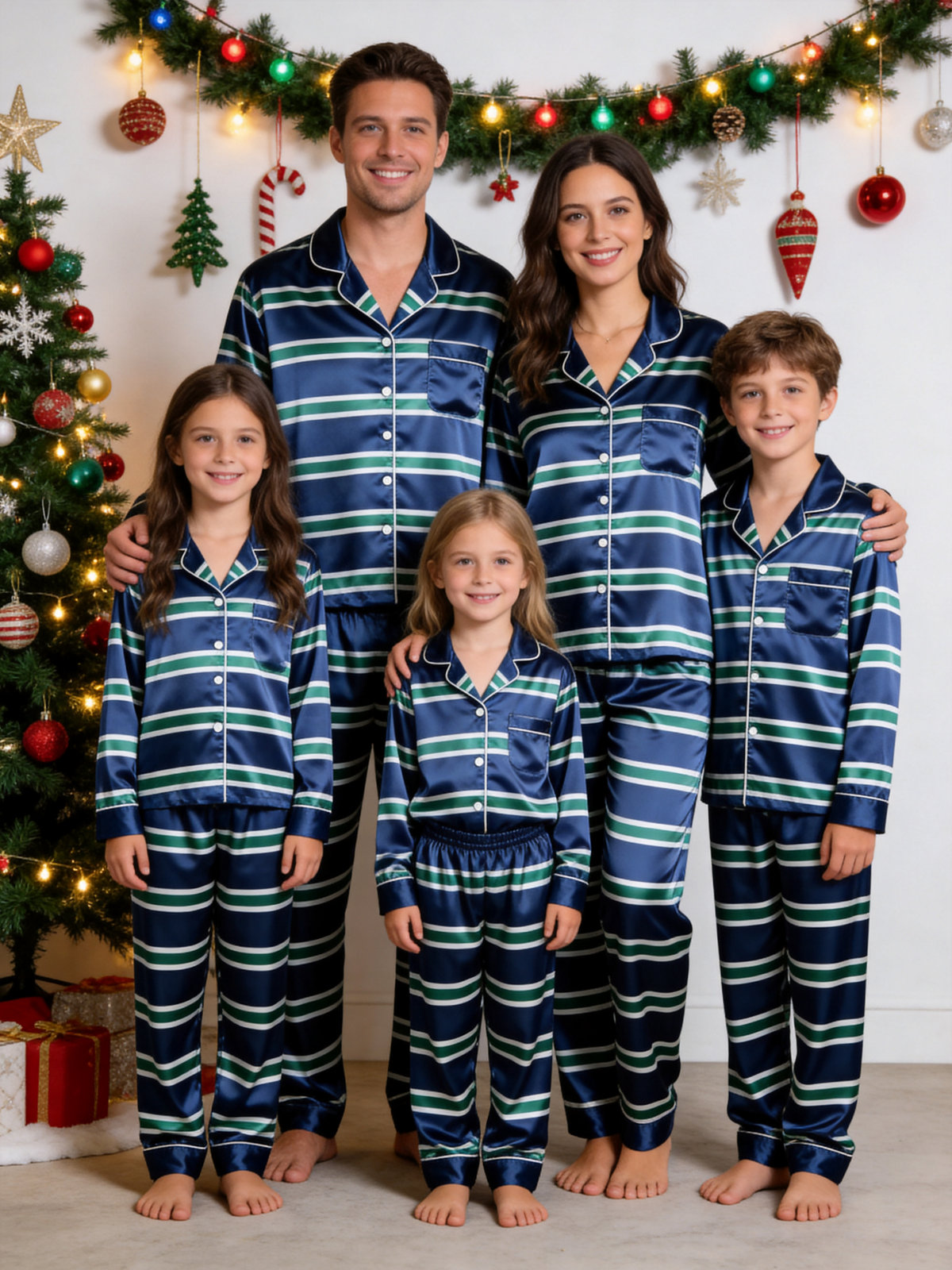 Navy Blue & Green Horizontal Striped Holiday Couple Satin Pajama Set Sleepwear