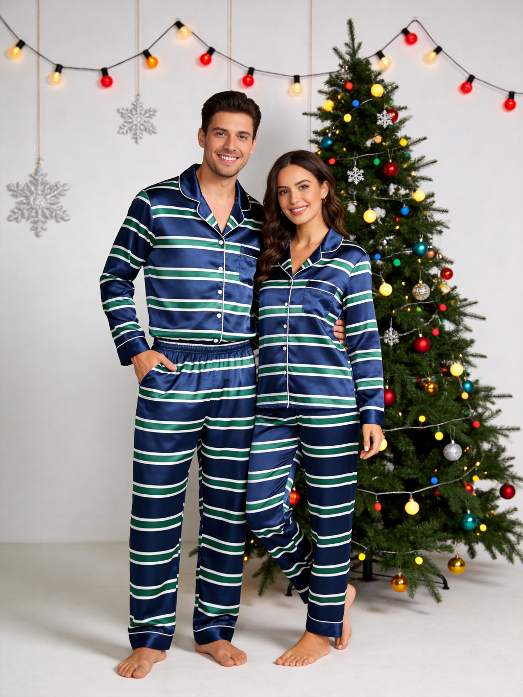 Navy Blue & Green Horizontal Striped Holiday Couple Satin Pajama Set Sleepwear