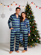 Navy Blue & Green Horizontal Striped Holiday Couple Satin Pajama Set Sleepwear
