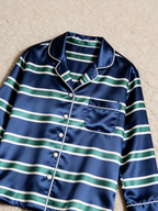 Navy Blue & Green Horizontal Striped Holiday Couple Satin Pajama Set Sleepwear