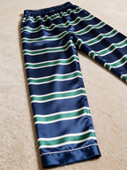 Navy Blue & Green Horizontal Striped Holiday Couple Satin Pajama Set Sleepwear