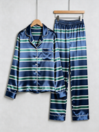 Navy Blue & Green Horizontal Striped Holiday Couple Satin Pajama Set Sleepwear