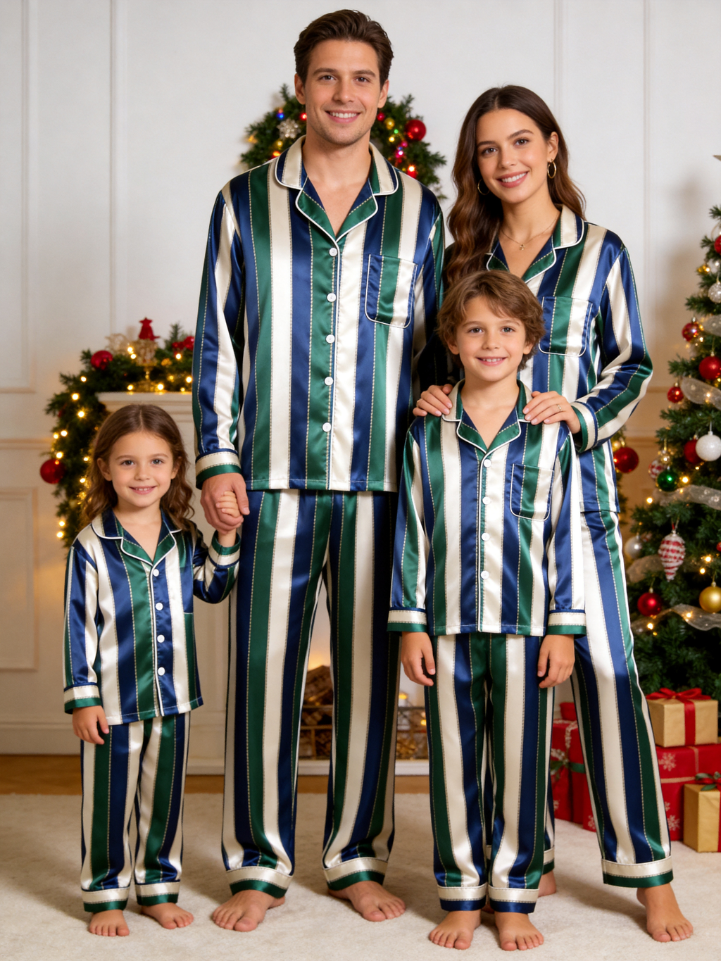 Navy & Emerald Green Vertical Striped Holiday Couple Satin Pajama Set Sleepwear