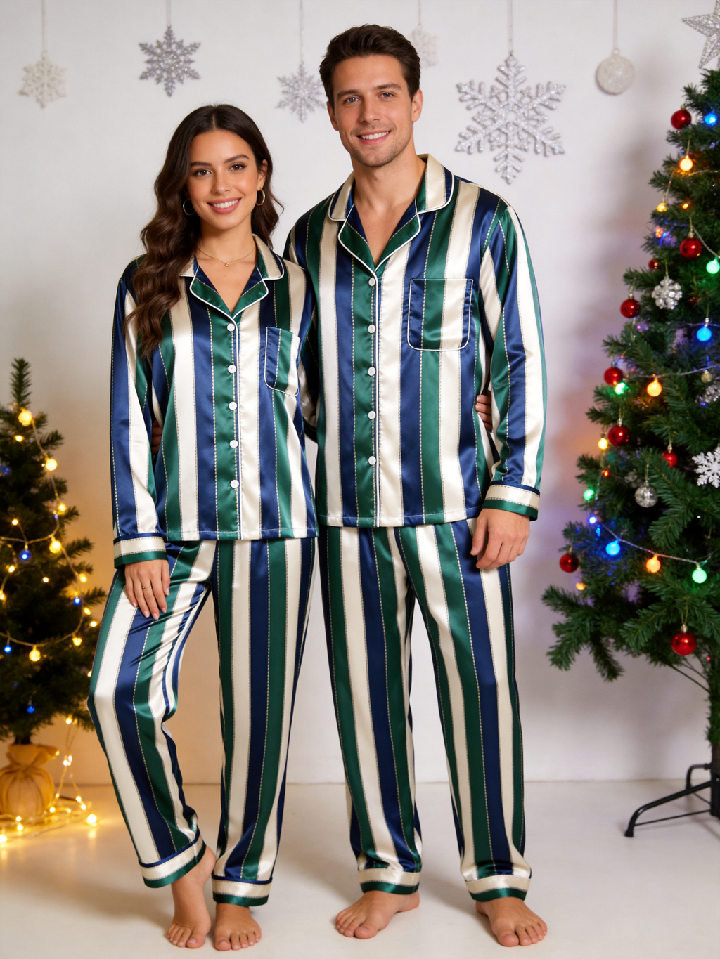 Navy & Emerald Green Vertical Striped Holiday Couple Satin Pajama Set Sleepwear