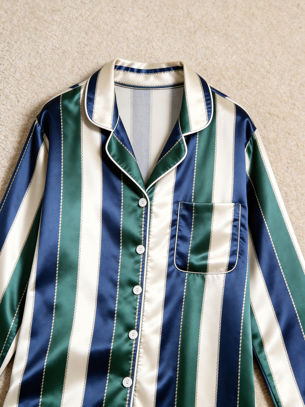 Navy & Emerald Green Vertical Striped Holiday Couple Satin Pajama Set Sleepwear