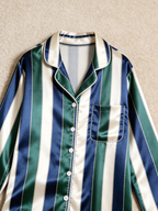 Navy & Emerald Green Vertical Striped Holiday Couple Satin Pajama Set Sleepwear