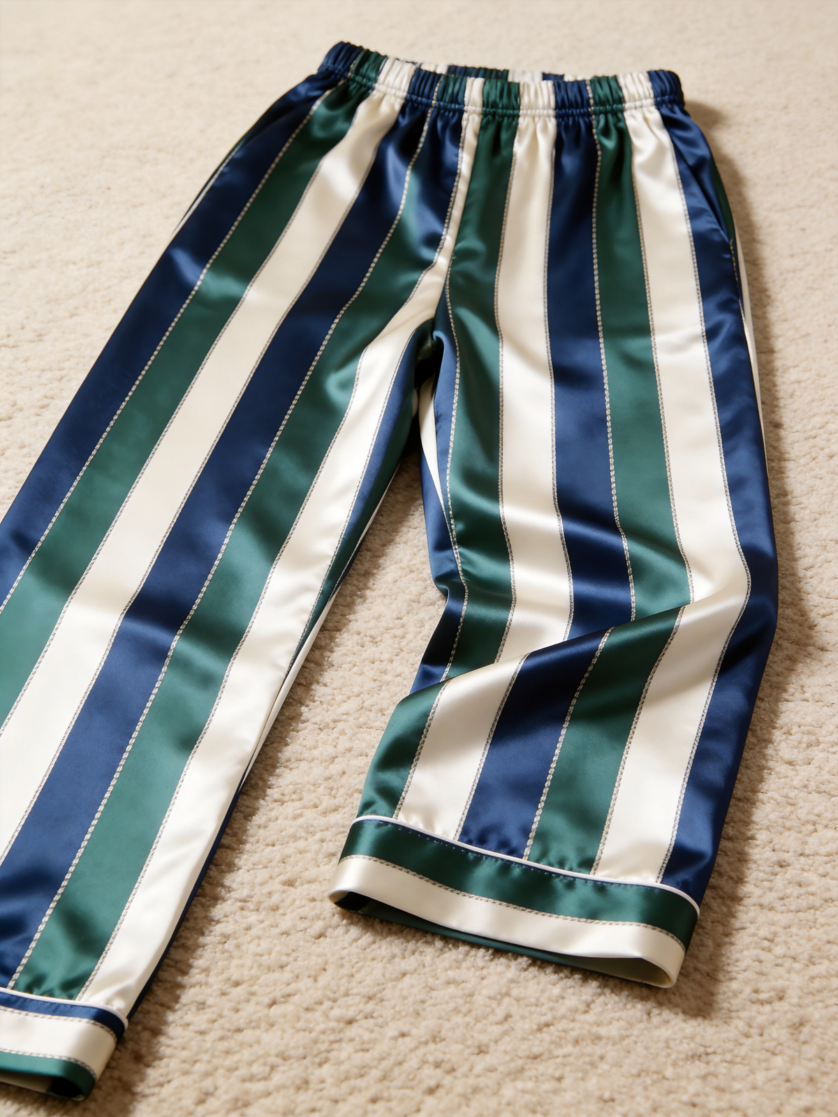 Navy & Emerald Green Vertical Striped Holiday Couple Satin Pajama Set Sleepwear