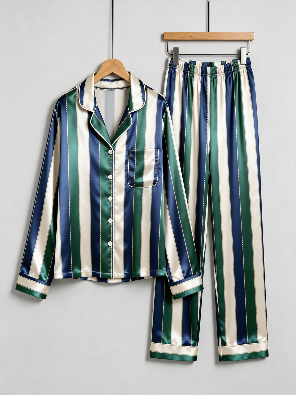 Navy & Emerald Green Vertical Striped Holiday Couple Satin Pajama Set Sleepwear