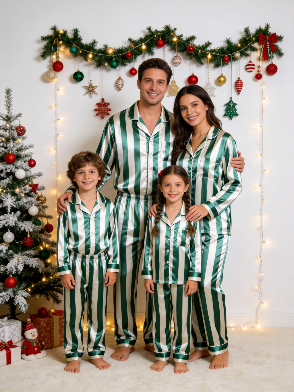 Emerald Green & White Vertical Striped Luxury Couple Satin Pajama Set Sleepwear