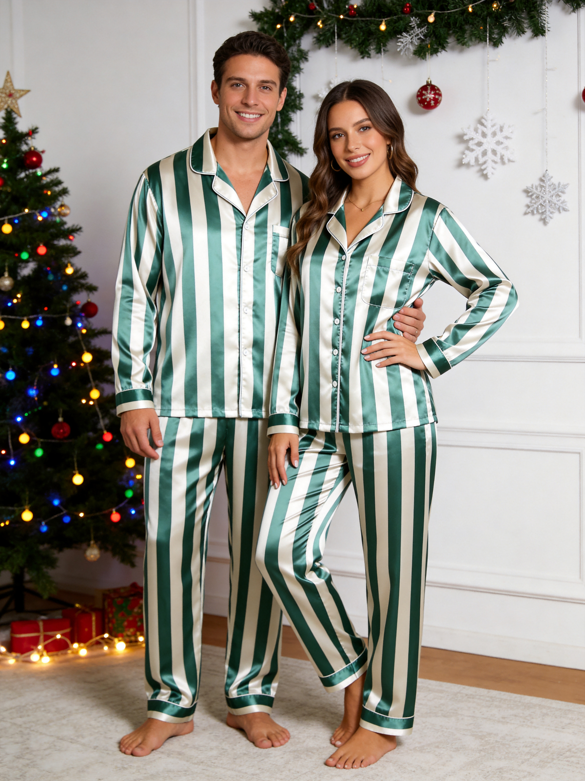 Emerald Green & White Vertical Striped Luxury Family Satin Pajama Set Sleepwear