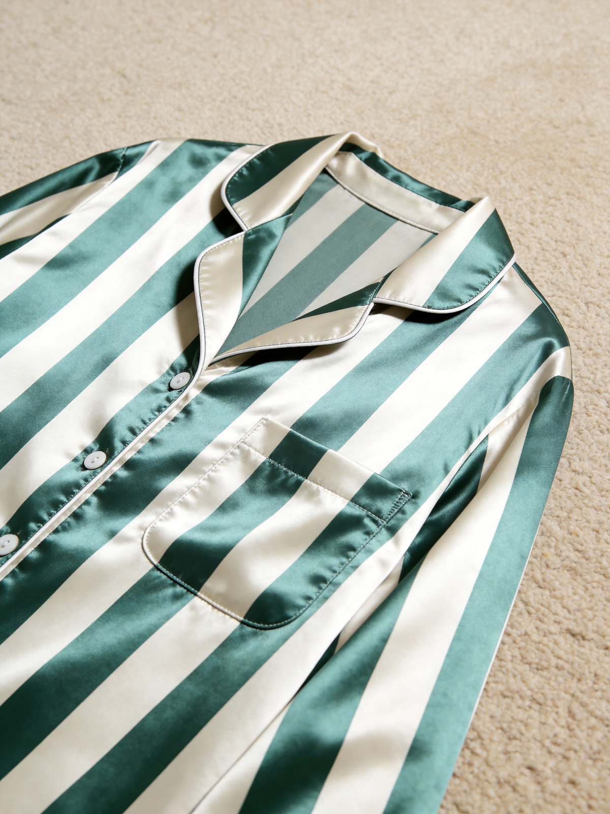 Emerald Green & White Vertical Striped Luxury Couple Satin Pajama Set Sleepwear