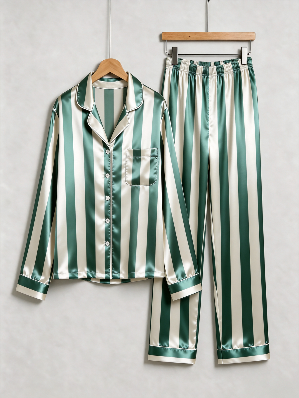 Emerald Green & White Vertical Striped Luxury Couple Satin Pajama Set Sleepwear