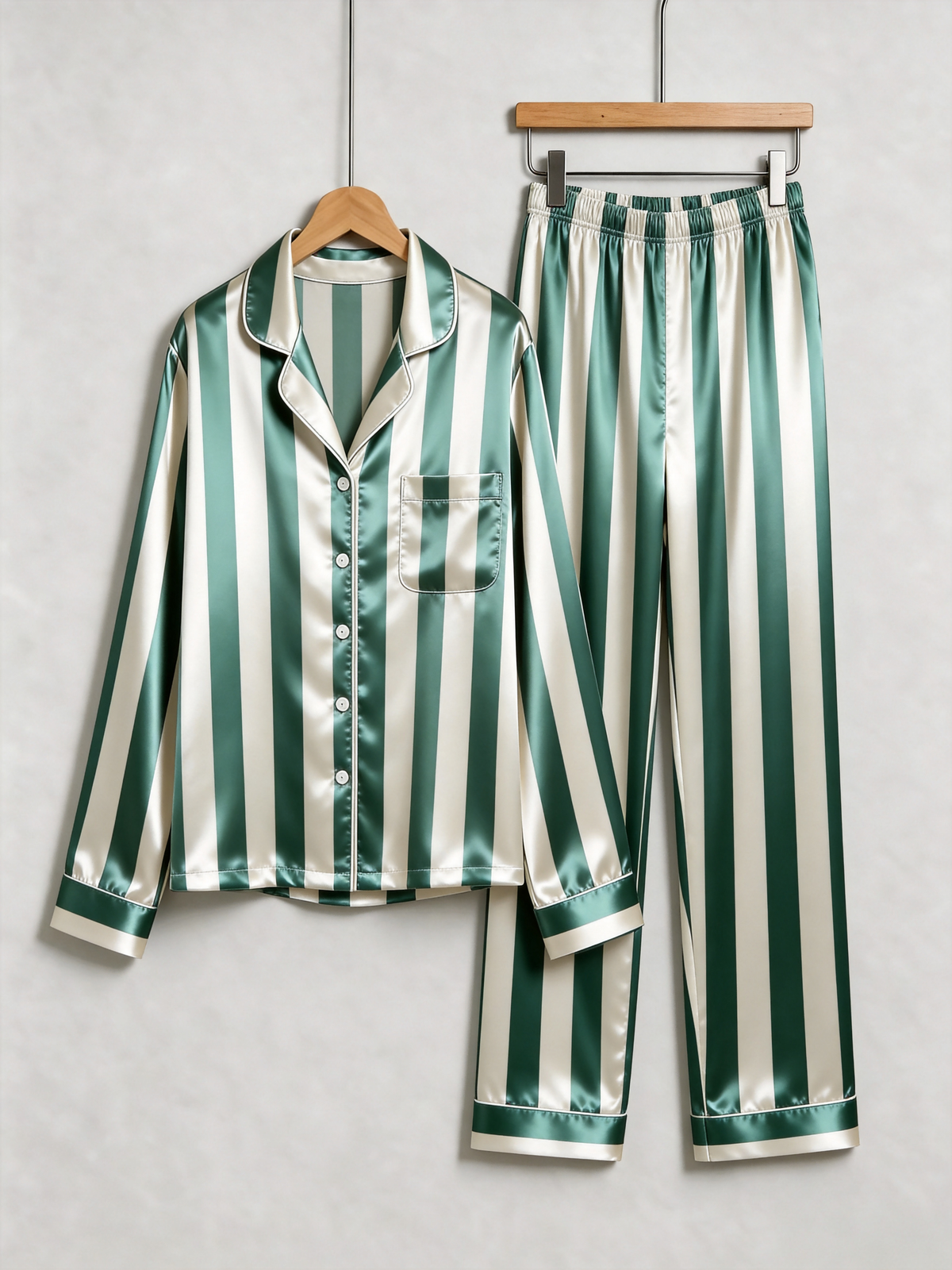 Emerald Green & White Vertical Striped Luxury Couple Satin Pajama Set Sleepwear