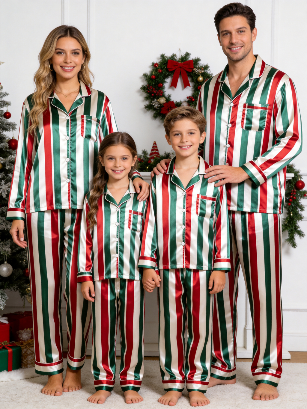 Christmas Red & Green Vertical Striped Holiday Couple Satin Pajama Set Sleepwear