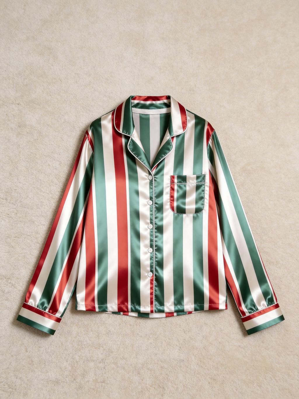 Christmas Red & Green Vertical Striped Holiday Couple Satin Pajama Set Sleepwear