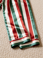 Christmas Red & Green Vertical Striped Holiday Couple Satin Pajama Set Sleepwear