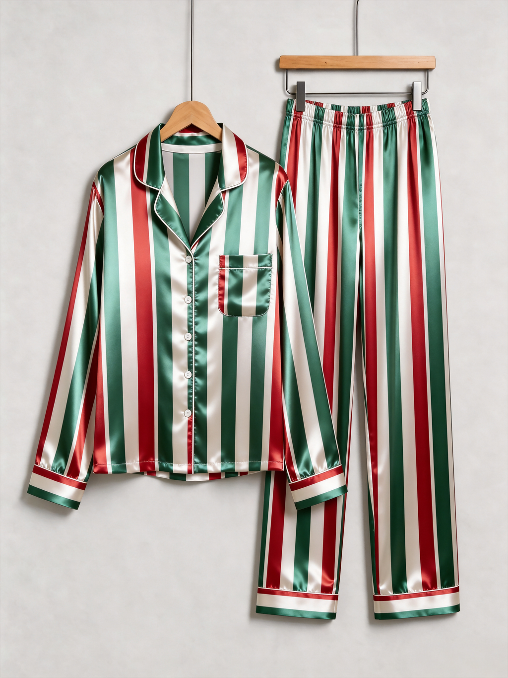 Christmas Red & Green Vertical Striped Holiday Couple Satin Pajama Set Sleepwear