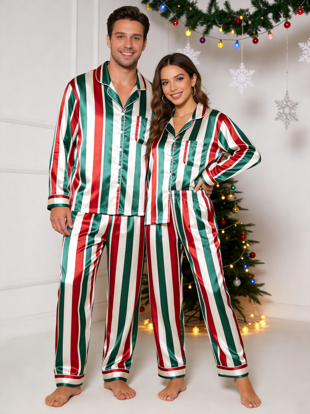 Christmas Red & Green Vertical Striped Holiday Couple Satin Pajama Set Sleepwear