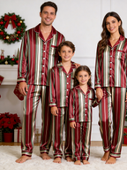 Burgundy & Green Vertical Striped Holiday Couple Satin Pajama Set Sleepwear