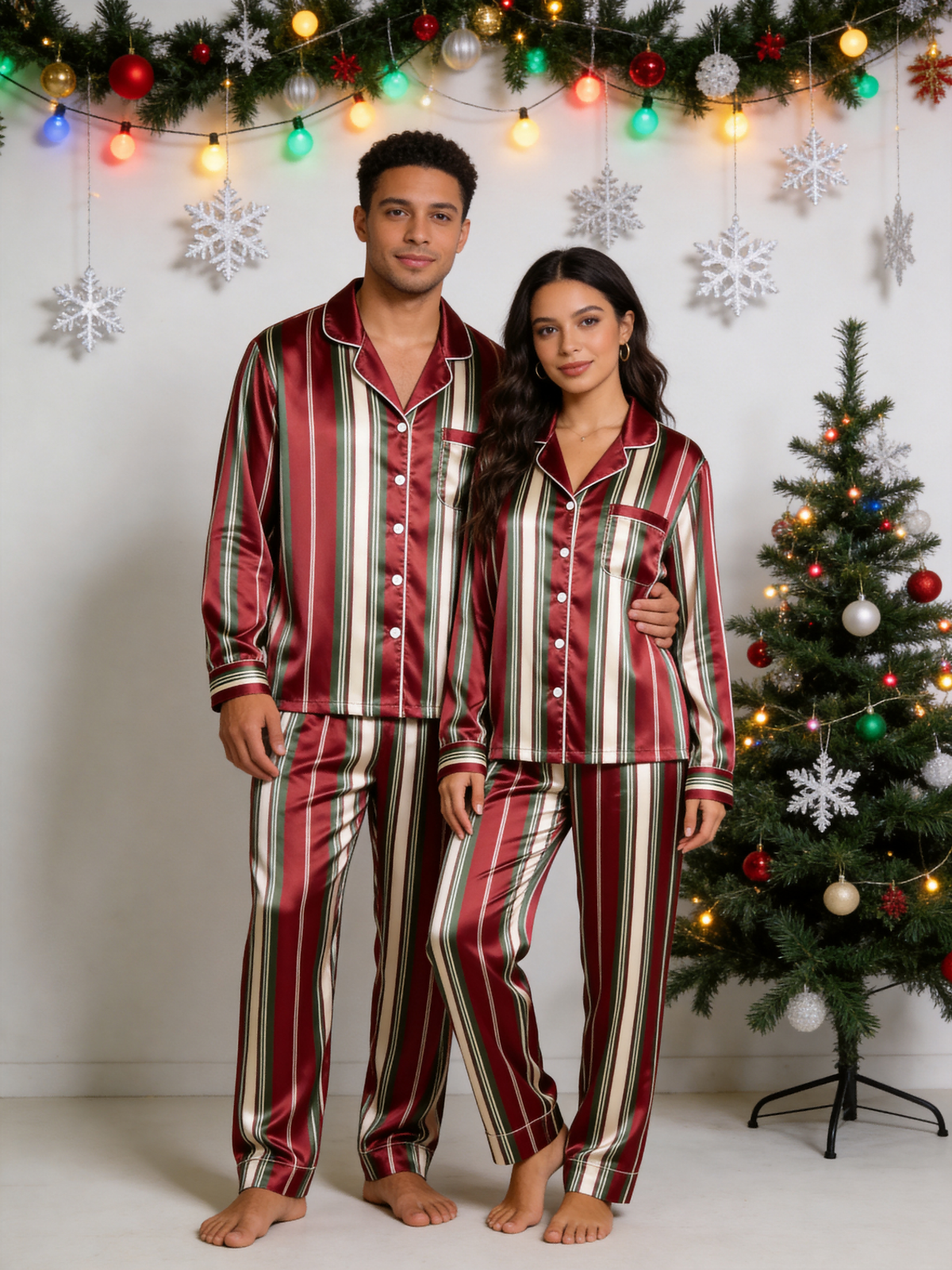 Burgundy & Green Vertical Striped Holiday Family Satin Pajama Set Sleepwear