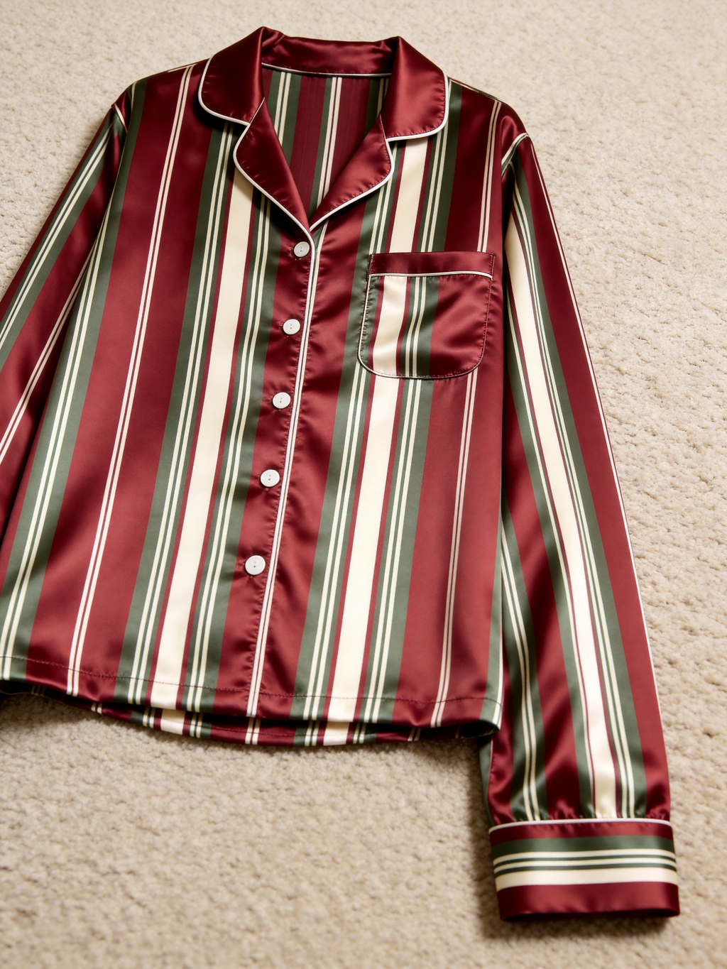 Burgundy & Green Vertical Striped Holiday Couple Satin Pajama Set Sleepwear