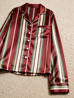 Burgundy & Green Vertical Striped Holiday Couple Satin Pajama Set Sleepwear