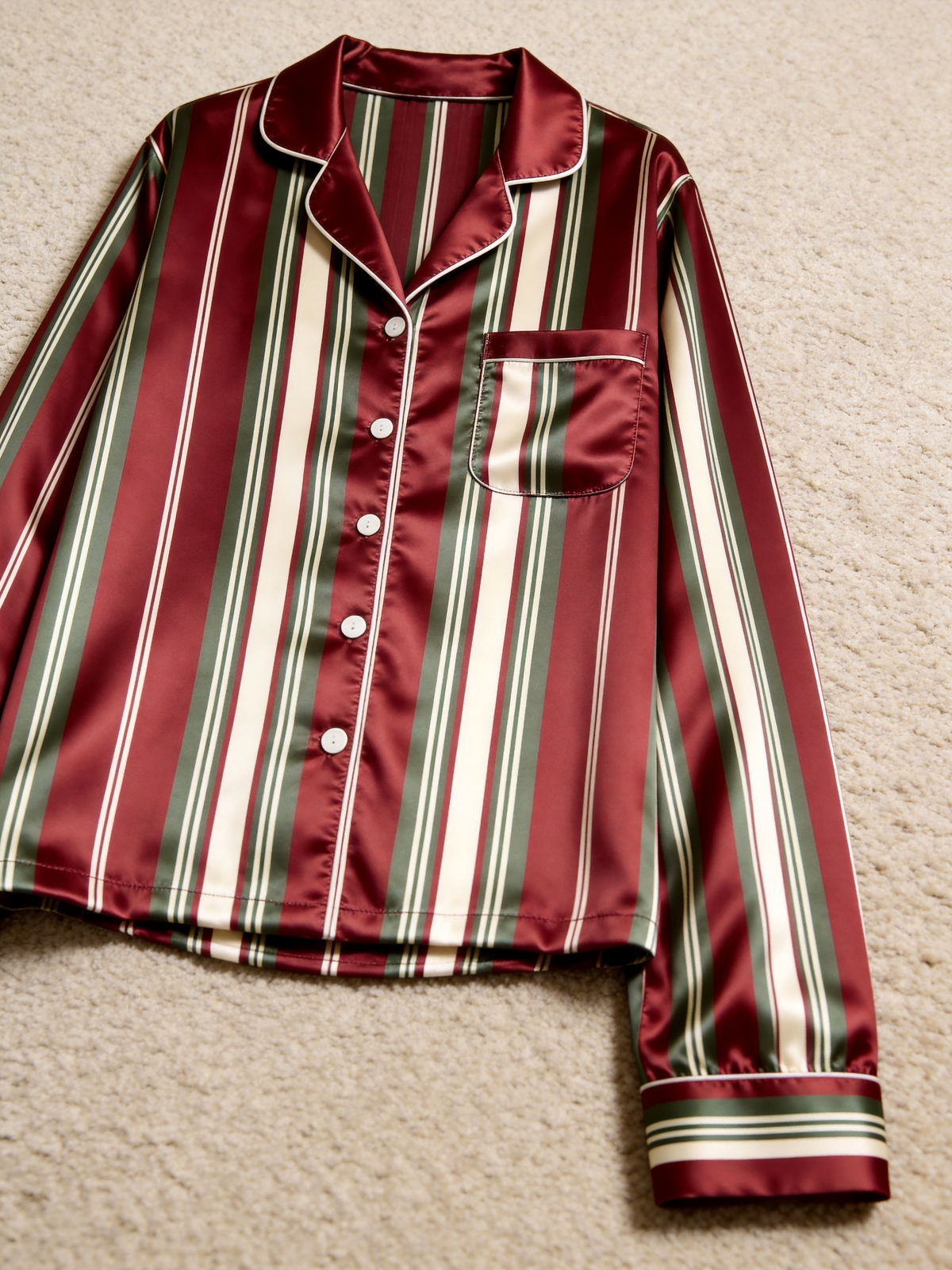 Burgundy & Green Vertical Striped Holiday Couple Satin Pajama Set Sleepwear