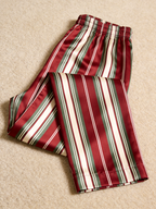 Burgundy & Green Vertical Striped Holiday Couple Satin Pajama Set Sleepwear