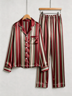 Burgundy & Green Vertical Striped Holiday Couple Satin Pajama Set Sleepwear