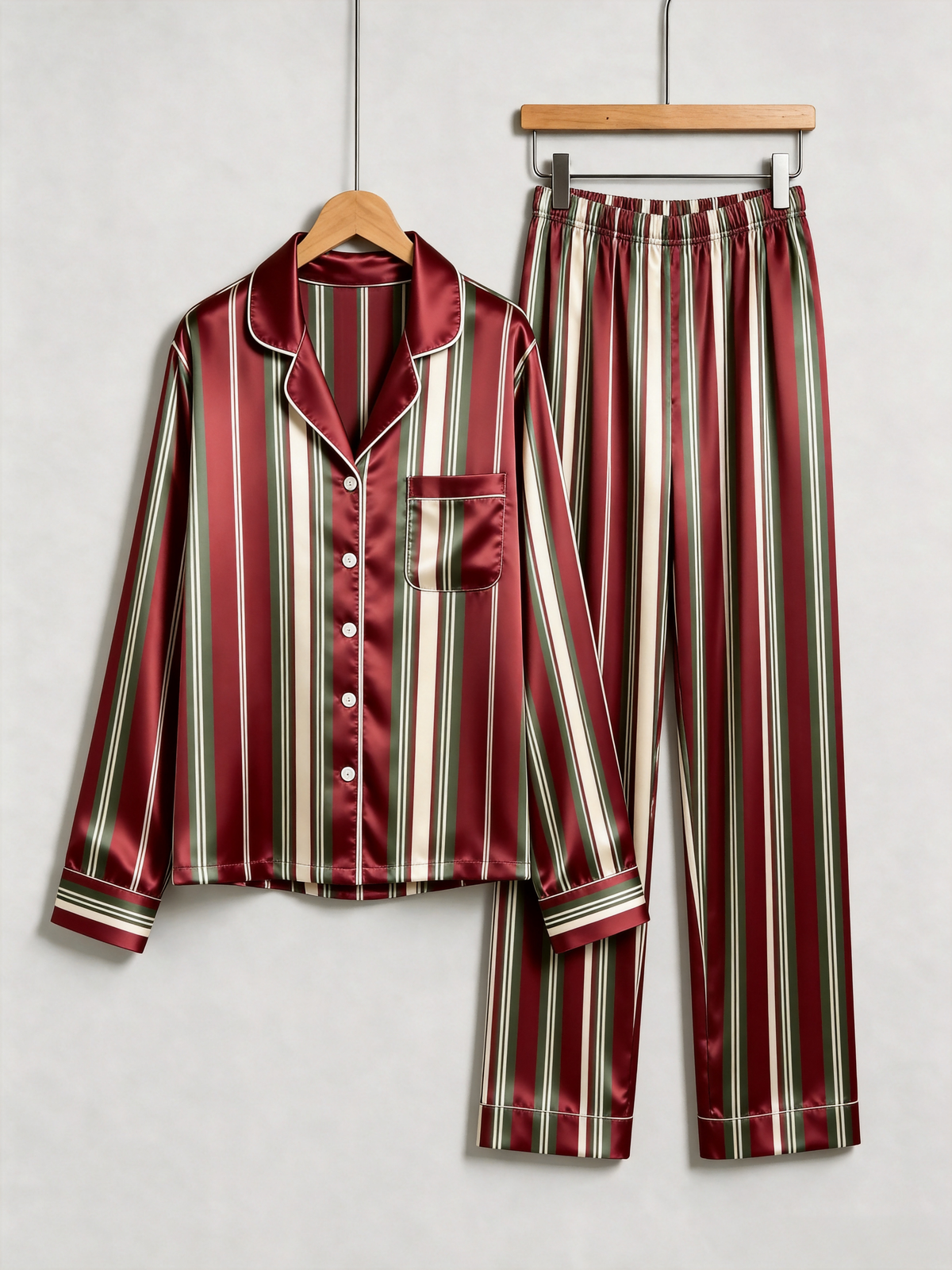 Burgundy & Green Vertical Striped Holiday Couple Satin Pajama Set Sleepwear