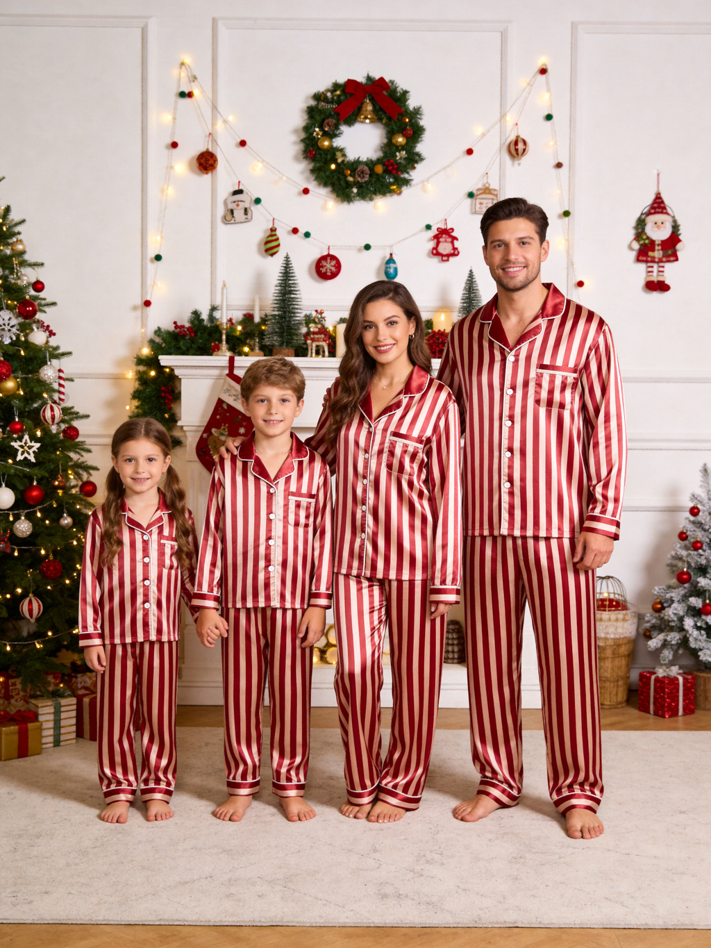 Classic Red & White Striped Christmas Couple Satin Pajama Set Couple Sleepwear