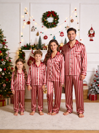 Classic Red & White Striped Christmas Couple Satin Pajama Set Couple Sleepwear