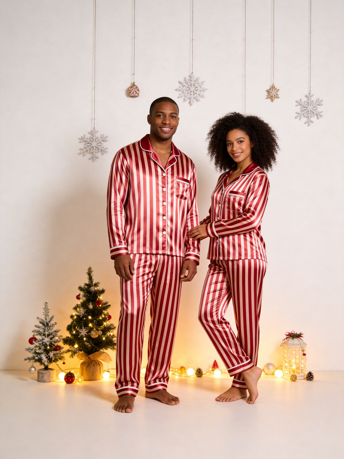 Classic Red & White Striped Christmas Family Satin Pajama Set Family Sleepwear