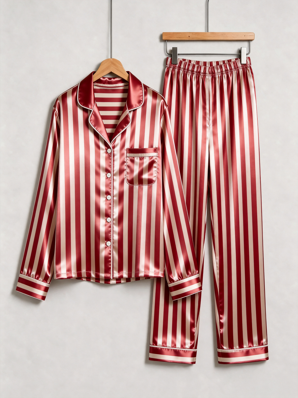 Classic Red & White Striped Christmas Couple Satin Pajama Set Couple Sleepwear