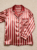 Classic Red & White Striped Christmas Couple Satin Pajama Set Couple Sleepwear