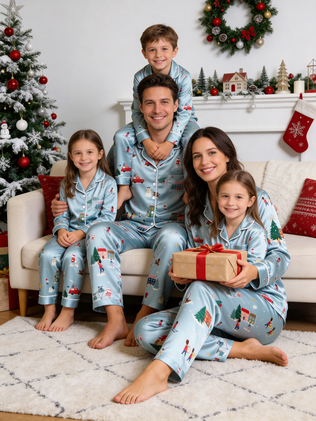 Winter Wonderland Snowy Town & Skiing Print Couple Couple Satin Pajama Set Matching Sleepwear