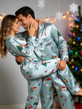 Winter Wonderland Snowy Town & Skiing Print Couple Couple Satin Pajama Set Matching Sleepwear