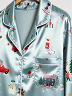 Winter Wonderland Snowy Town & Skiing Print Couple Couple Satin Pajama Set Matching Sleepwear