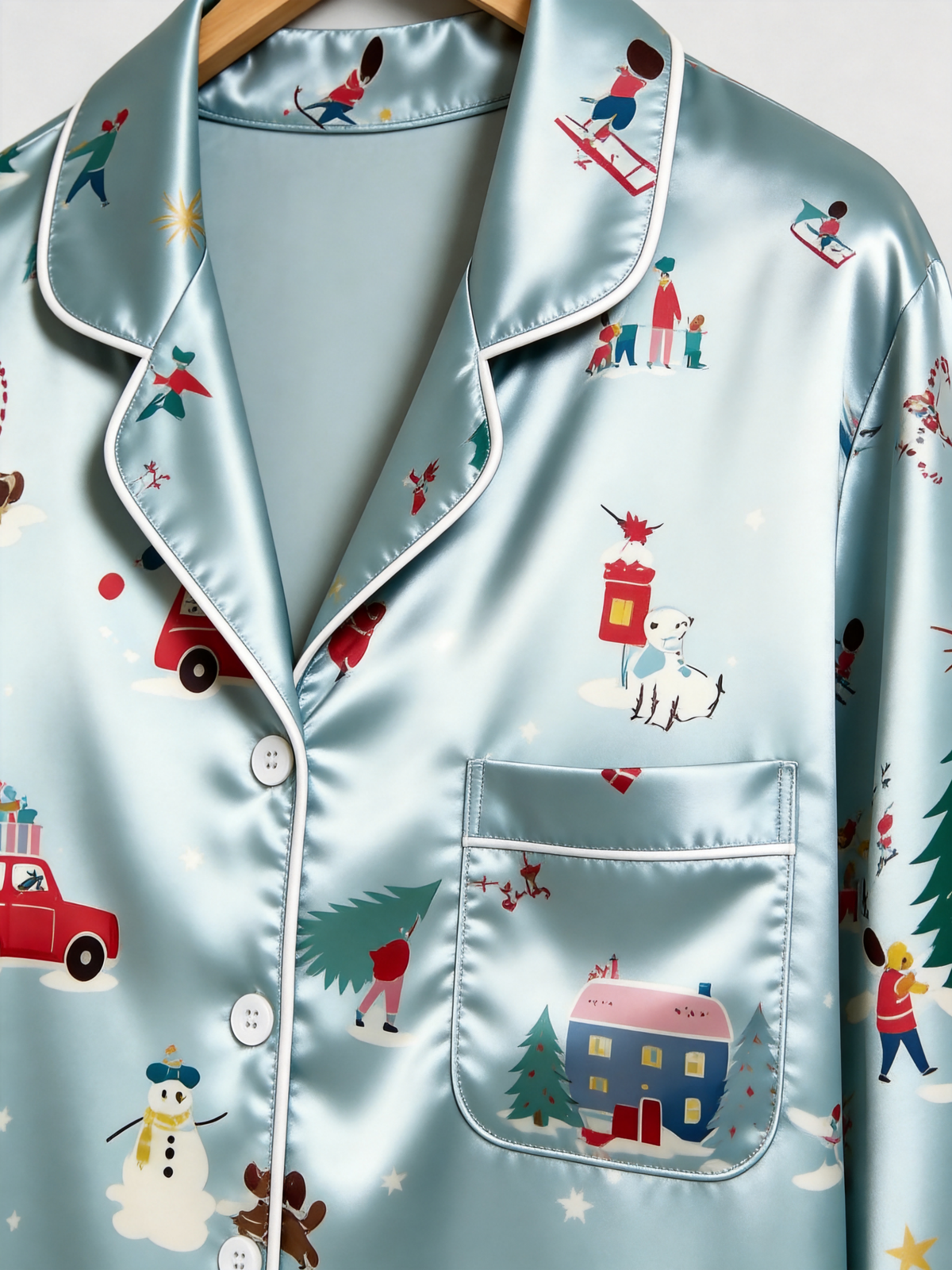 Winter Wonderland Snowy Town & Skiing Print Couple Couple Satin Pajama Set Matching Sleepwear