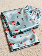 Winter Wonderland Snowy Town & Skiing Print Couple Couple Satin Pajama Set Matching Sleepwear