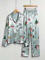 Winter Wonderland Snowy Town & Skiing Print Couple Couple Satin Pajama Set Matching Sleepwear