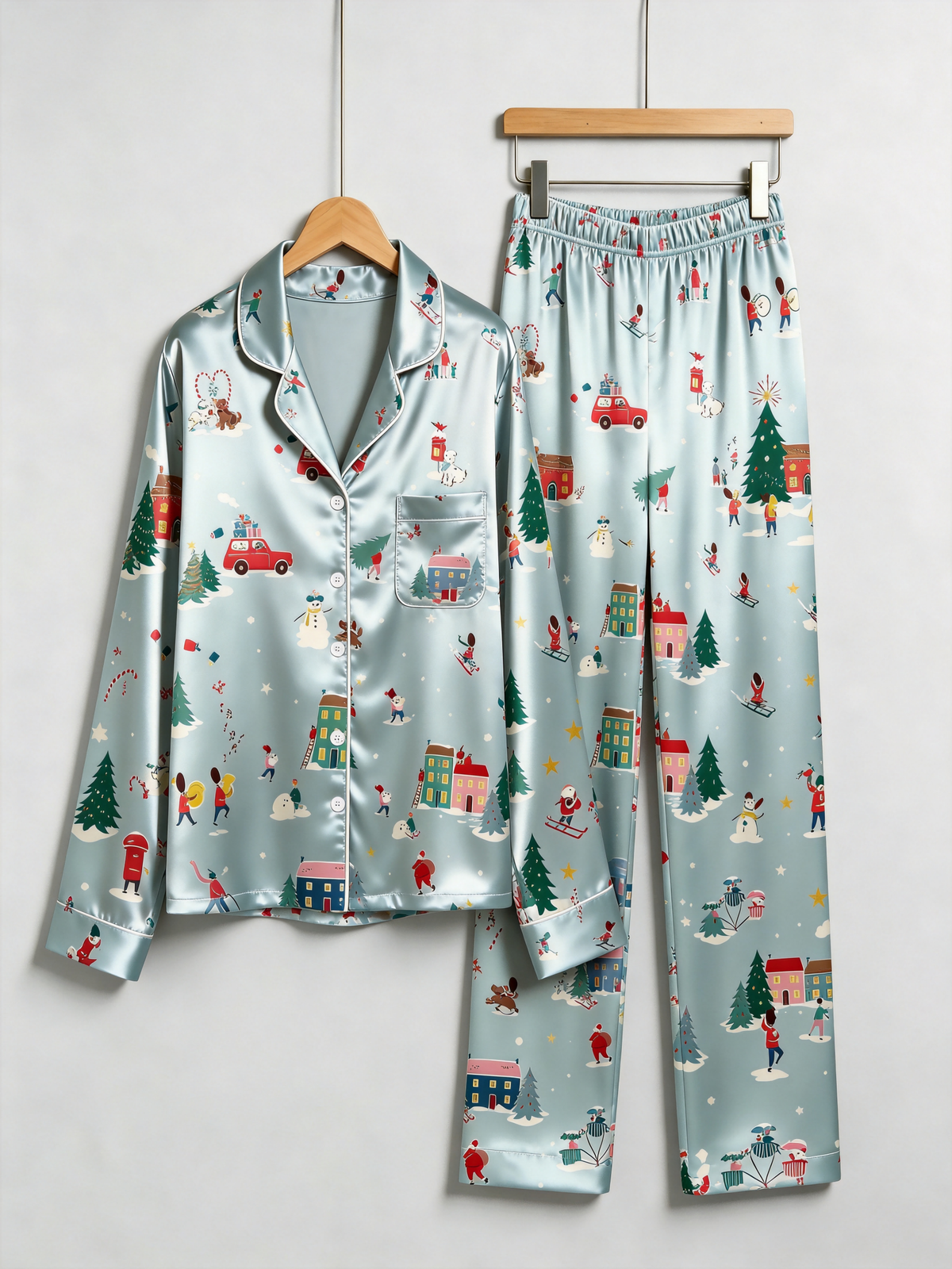 Winter Wonderland Snowy Town & Skiing Print Couple Couple Satin Pajama Set Matching Sleepwear