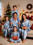 Merry Snowman & Reindeer Holiday Print Couple Couple Satin Pajama Set Cozy Sleepwear